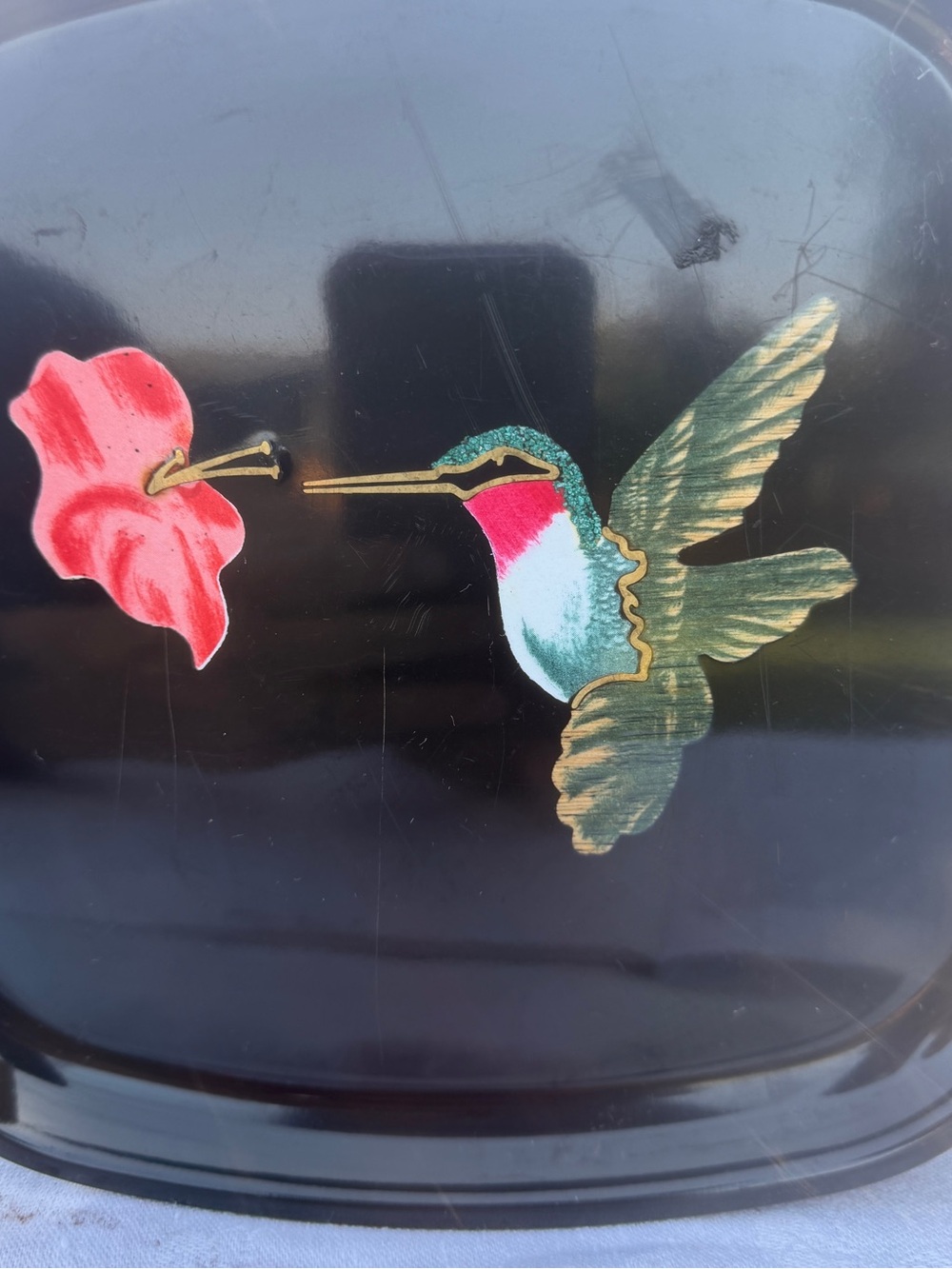 Vintage Hummingbird Couroc of Monterey tray Inlaid Black 8 1/2x8 8 1/2” rounded